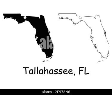 Florida FL State Karten USA mit Capital City Star in Tallahassee. Schwarze Silhouette und Umriss isoliert auf weißem Hintergrund. EPS-Vektor Stock Vektor