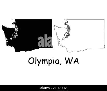 Washington WA State Map USA mit Capital City Star in Olympia. Schwarze Silhouette und umreißen isolierte Karten auf weißem Hintergrund. EPS-Vektor Stock Vektor