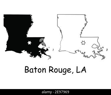 Louisiana LA State Karte USA mit Capital City Star in Baton Rouge. Schwarze Silhouette und Umriss isoliert auf weißem Hintergrund. EPS-Vektor Stock Vektor