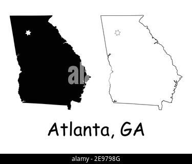 Georgia GA State Karte USA mit Capital City Star in Atlanta. Schwarze Silhouette und Umriss isoliert auf weißem Hintergrund. EPS-Vektor Stock Vektor