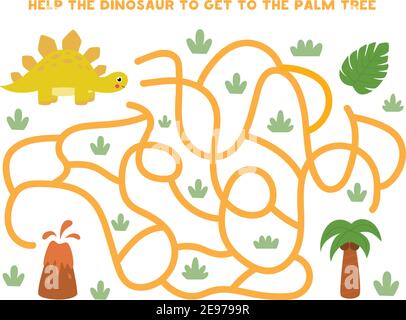 Labyrinth-Spiel für Kinder. Hilfe Dinosaurier, um die Palme zu bekommen. Arbeitsblatt für untergeordnete Elemente. Stock Vektor