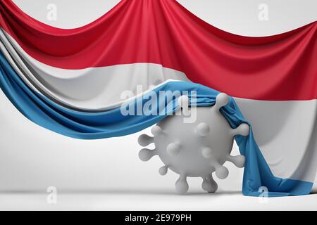 Luxemburg-Flagge drapierte über einem Covid-Virus-Molekül. 3D Rendering Stockfoto