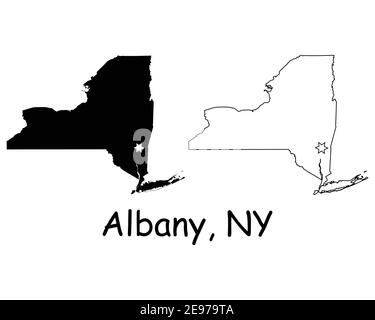 New York NY State Map USA mit Capital City Star in Albany. Schwarze Silhouette und Umriss isoliert auf weißem Hintergrund. EPS-Vektor Stock Vektor