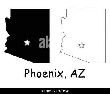 Arizona AZ State Map USA mit Capital City Star in Phoenix. Schwarze Silhouette und umreißen isolierte Karten auf weißem Hintergrund. EPS-Vektor Stock Vektor