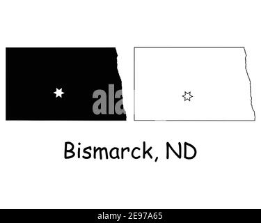 North Dakota ND State Map USA mit Capital City Star in Bismark. Schwarze Silhouette und Umriss isoliert auf weißem Hintergrund. EPS-Vektor Stock Vektor