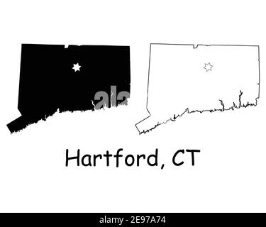 Connecticut CT State Map USA mit Capital City Star in Hartford. Schwarze Silhouette und Umrisskarten auf weißem Hintergrund isoliert. EPS-Vektor Stock Vektor