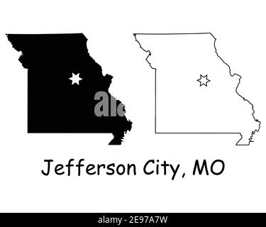 Missouri MO State Map USA mit Capital City Star in Jefferson City. Schwarze Silhouette und Umriss isoliert auf weißem Hintergrund. EPS-Vektor Stock Vektor