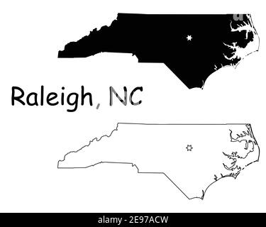 North Carolina North Carolina State Map USA mit Capital City Star in Raleigh. Schwarze Silhouette und Umriss isoliert auf weißem Hintergrund. EPS-Vektor Stock Vektor