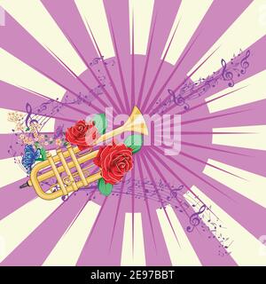 Gelbe Trompete mit roten Rosen und Noten Illustration. Stock Vektor