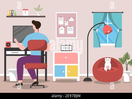 Vektor-Illustration Menschen während der Quarantäne von Coronavirus funktioniert auf Laptops und Computern zu Hause oder am Arbeitsplatz .Remote. Flat Style Design Konzept Stock Vektor