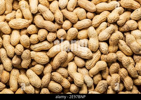 Getrocknete Erdnüsse. Leckere Erdnüsse. Textur. Draufsicht. Stockfoto