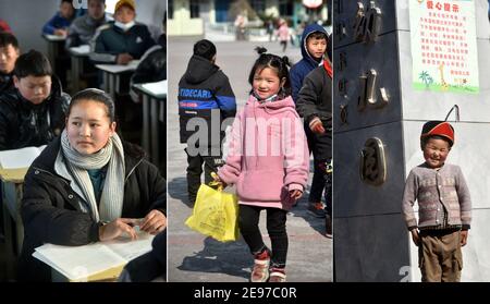 (210203) -- LIANGSHAN, 3. Februar 2021 (Xinhua) -- in diesem Combo-Foto vom 22. Januar 2021 zeigt der linke Teil Wuqi Labumu, die älteste Tochter von Bamu Yubumu, die einen Schulunterricht besucht; Der mittlere Teil zeigt Wang Xueyi, die zweite Tochter von Bamu Yubumu, die auf ihrem Schulcampus läuft; der rechte Teil zeigt Wuqi Buji, Sohn von Bamu Yubumu, der vor seinem Kindergarten im Bezirk Yuexi, Autonome Präfektur Liangshan Yi, südwestlich der Provinz Sichuan in China steht. Eine junge Mutter lehnte sich mühsam nach vorne, um das Gewicht eines übergroßen Gepäcks auf ihrem Rücken und eines kleinen Babys in ihrem Arm auszugleichen, Stockfoto