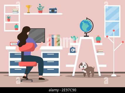 Vektor-Illustration Menschen während der Quarantäne von Coronavirus funktioniert auf Laptops und Computern zu Hause oder am Arbeitsplatz .Remote. Flat Style Design Konzept Stock Vektor