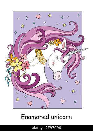 Beauty Einhorn Kopf mit Sternen und Blumen. Vektor Cartoon bunte Illustration isoliert auf weißem Hintergrund. Zum Ausmalen Buchvorlage, drucken, Spiel Stock Vektor