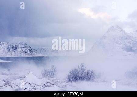 Nebliger Berg in nordischer Natur Stockfoto