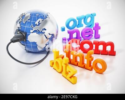 Domainnamen-Erweiterungen rund um den Globus mit Netzwerkkabel. 3D Abbildung. Stockfoto