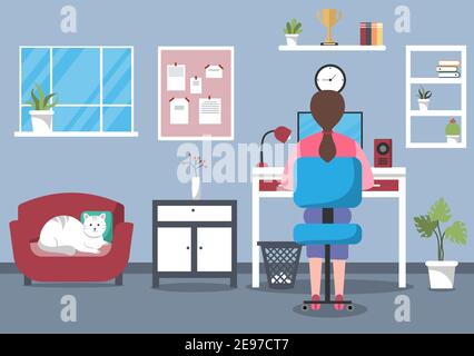 Vektor-Illustration Menschen während der Quarantäne von Coronavirus funktioniert auf Laptops und Computern zu Hause oder am Arbeitsplatz .Remote. Flat Style Design Konzept Stock Vektor