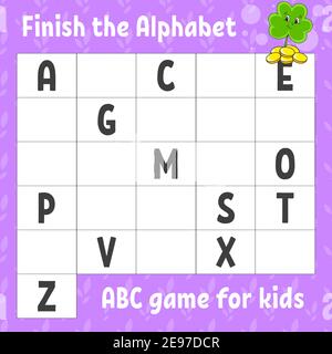 Das Alphabet fertig stellen. ABC-Spiel für Kinder. Arbeitsblatt zur Entwicklung von Schulungen. Lernspiel für Kinder. Aktivitätsseite Farbe. Stock Vektor