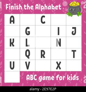 Das Alphabet fertig stellen. ABC-Spiel für Kinder. Arbeitsblatt zur Entwicklung von Schulungen. Lernspiel für Kinder. Aktivitätsseite Farbe. Stock Vektor