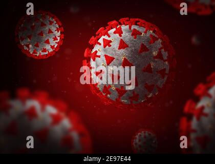 Coronavirus mit roten Stacheln auf einem roten Hintergrund. 3D Abbildung. Stockfoto