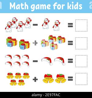 Mathe Spiel für Kinder. Arbeitsblatt zur Entwicklung von Schulungen. Aktivitätsseite mit Bildern. Spiel für Kinder. Farbige isolierte Vektordarstellung. Komisches Zeichen Stock Vektor