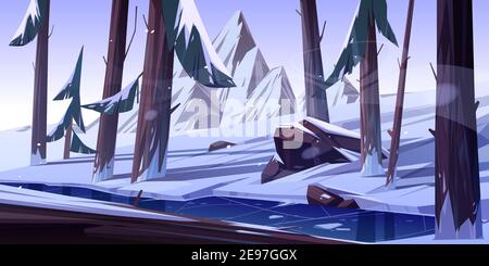 Winterwald mit gefrorenem Teich. Naturlandschaft Hintergrund mit Nadelbäumen und Bergen mit Schnee bedeckt, Wildpark oder Garten mit eisigen See, Felsen, Kiefern und Sträuchern, Cartoon-Vektor-Illustration Stock Vektor