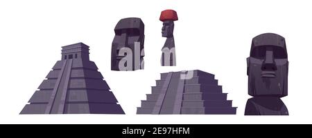 Alte maya-Pyramiden und Moai-Statuen von der Osterinsel. Vektor-Cartoon-Set von südamerikanischen Wahrzeichen, Chichen Itza und Kukulkan Tempel, Steinskulptur isoliert auf weißem Hintergrund Stock Vektor