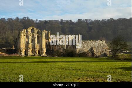 Rievaulx Abbey im Dezember Nebel. Stockfoto