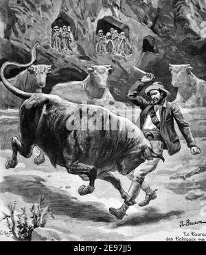 Toltec Cemetery & Bull Verehrung aus dem Toltec Empire oder Toltec Culture, eine präkolumbianische mesoamerikanische Kultur, zentriert auf Tula Hidalgo Mexico 1911 Vintage Illustration oder Gravur Stockfoto