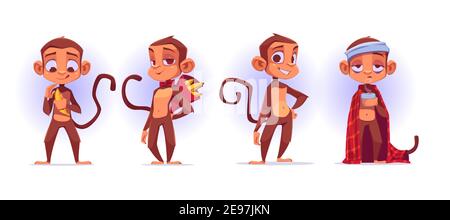 Affen Cartoon-Figuren, niedliche Affen Maskottchen Schale und präsentiert Banane, bekam Grippe in Karo mit heißem Getränk in Tasse gewickelt, stehen mit Armen akimbo isoliert auf weißem Hintergrund, Vektor-Illustration, Set Stock Vektor