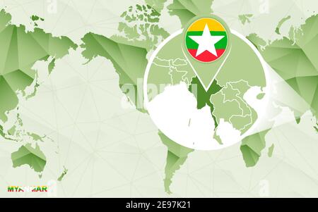 Amerika-zentrierte Weltkarte mit vergrößerter Myanmar-Karte. Grüne polygonale Weltkarte. Stock Vektor