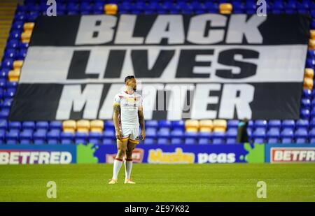 Datei-Foto vom 13-11-2020 von Catalans Dragons' Israel Folau, das vor einem Black Lives Matter Banner steht. Ausgabedatum: Mittwoch, 3. Februar 2021. Stockfoto