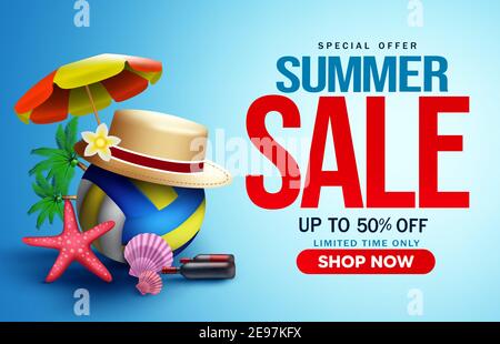 Sommer Verkauf Vektor Banner Hintergrund. Sommerverkauf Sonderangebot Text mit tropischen Saison Elemente wie Beach-Volleyball, Regenschirm und Hut. Stock Vektor