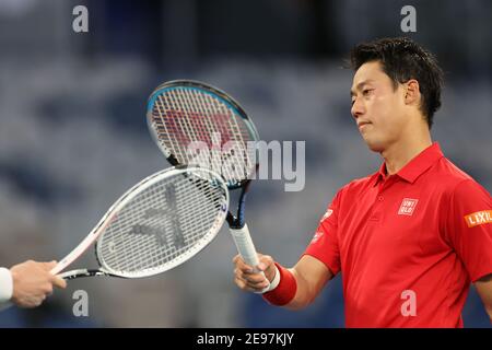 3. Februar 2021: Kei Nishikori aus Japan verliert in der John Cain Arena in Melbourne, Australien, das ATP-Cup-Spiel der Gruppe D gegen Daniil Medwedew aus Russland. Medwedew gewann 62 64. Sydney Low/Cal Sport Media. Stockfoto
