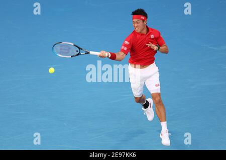 3. Februar 2021: Kei Nishikori aus Japan in der John Cain Arena in Melbourne, Australien, in Aktion beim ATP-Pokalspiel der Gruppe D gegen Daniil Medvedev aus Russland. Medwedew gewann 62 64. Sydney Low/Cal Sport Media. Stockfoto