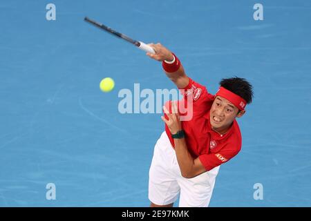 3. Februar 2021: Kei Nishikori aus Japan in der John Cain Arena in Melbourne, Australien, in Aktion beim ATP-Pokalspiel der Gruppe D gegen Daniil Medvedev aus Russland. Medwedew gewann 62 64. Sydney Low/Cal Sport Media. Stockfoto