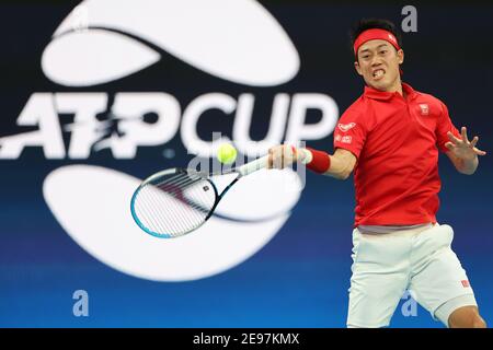 3. Februar 2021: Kei Nishikori aus Japan in der John Cain Arena in Melbourne, Australien, in Aktion beim ATP-Pokalspiel der Gruppe D gegen Daniil Medvedev aus Russland. Medwedew gewann 62 64. Sydney Low/Cal Sport Media. Stockfoto