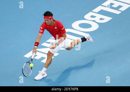 3. Februar 2021: Kei Nishikori aus Japan in der John Cain Arena in Melbourne, Australien, in Aktion beim ATP-Pokalspiel der Gruppe D gegen Daniil Medvedev aus Russland. Medwedew gewann 62 64. Sydney Low/Cal Sport Media. Stockfoto