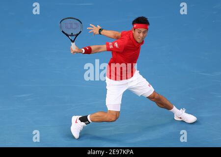 3. Februar 2021: Kei Nishikori aus Japan in der John Cain Arena in Melbourne, Australien, in Aktion beim ATP-Pokalspiel der Gruppe D gegen Daniil Medvedev aus Russland. Medwedew gewann 62 64. Sydney Low/Cal Sport Media. Stockfoto