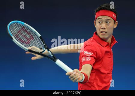 3. Februar 2021: Kei Nishikori aus Japan in der John Cain Arena in Melbourne, Australien, in Aktion beim ATP-Pokalspiel der Gruppe D gegen Daniil Medvedev aus Russland. Medwedew gewann 62 64. Sydney Low/Cal Sport Media. Stockfoto