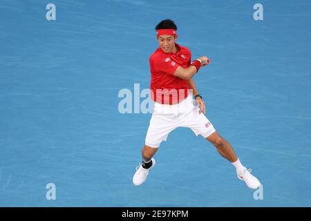 3. Februar 2021: Kei Nishikori aus Japan in der John Cain Arena in Melbourne, Australien, in Aktion beim ATP-Pokalspiel der Gruppe D gegen Daniil Medvedev aus Russland. Medwedew gewann 62 64. Sydney Low/Cal Sport Media. Stockfoto