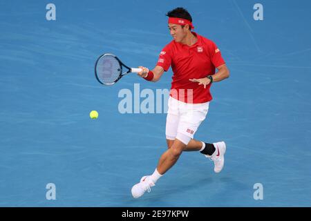 3. Februar 2021: Kei Nishikori aus Japan in der John Cain Arena in Melbourne, Australien, in Aktion beim ATP-Pokalspiel der Gruppe D gegen Daniil Medvedev aus Russland. Medwedew gewann 62 64. Sydney Low/Cal Sport Media. Stockfoto