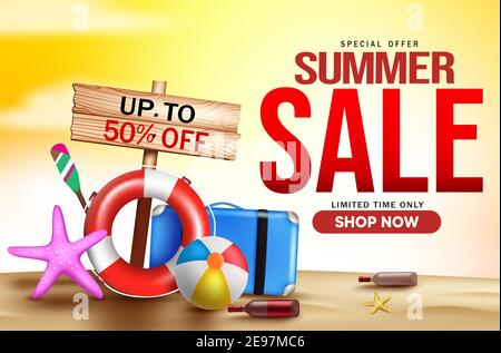 Sommer Verkauf Vektor Banner Design. Sommerangebot 50% Rabatt Text für tropische Saison Shopping Promo-Werbung mit Strand-Elemente im Sand Hintergrund. Stock Vektor