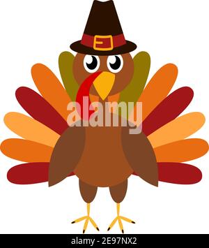 Erntedankfest. Lustige Zeichentrickfigur türkei Vogel in Pilgrim Hut. Vektorgrafik isoliert auf Weiß Stock Vektor