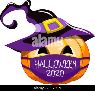 Halloween 2020 Kürbis Vektor Kürbisse tragen Gesichtsmasken Hexenhut . Covid-19 Virus für Halloween 2020 Dekoration, Einladungen, Grußkarten, Gesicht Stock Vektor