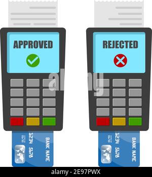 Vector Zahlungsmaschine und Kreditkarte. POS-Terminal bestätigt und lehnt die Zahlung per Debitkarte, Rechnung isoliert auf weißem Vector Money. Stock Vektor