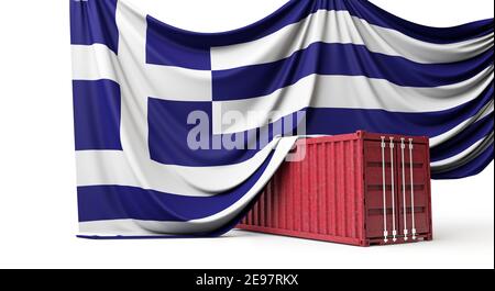 Griechenland Flagge drapiert über einem Handelsschifffahrtscontainer. 3D Rendering Stockfoto