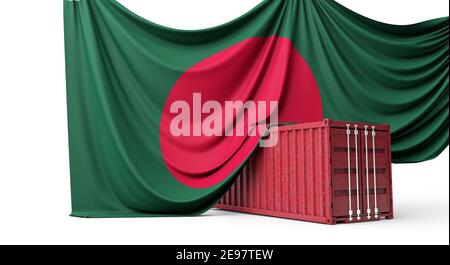 Bangladesh Flagge drapiert über einem Handelsschifffahrtscontainer. 3D Rendering Stockfoto