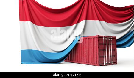 Luxemburg Flagge drapiert über einem Handelsschifffahrtscontainer. 3D Rendering Stockfoto