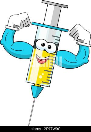 Lächelnd Cartoon Charakter Maskottchen medizinische Spritze Impfstoff zeigt Bizeps Stärke vektordarstellung isoliert Stock Vektor